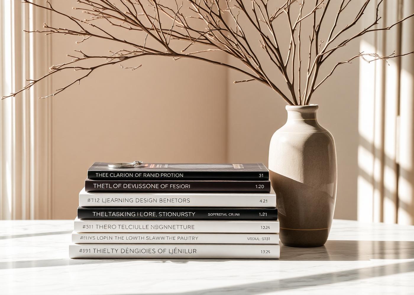 Stack of design books beside a ceramic vase