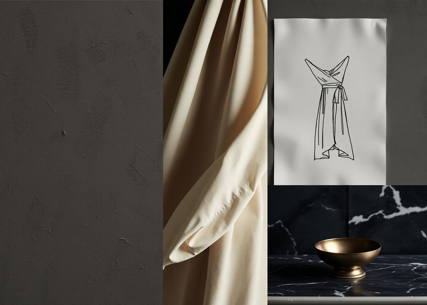 Collage of fabric, sketch, plaster and marble textures