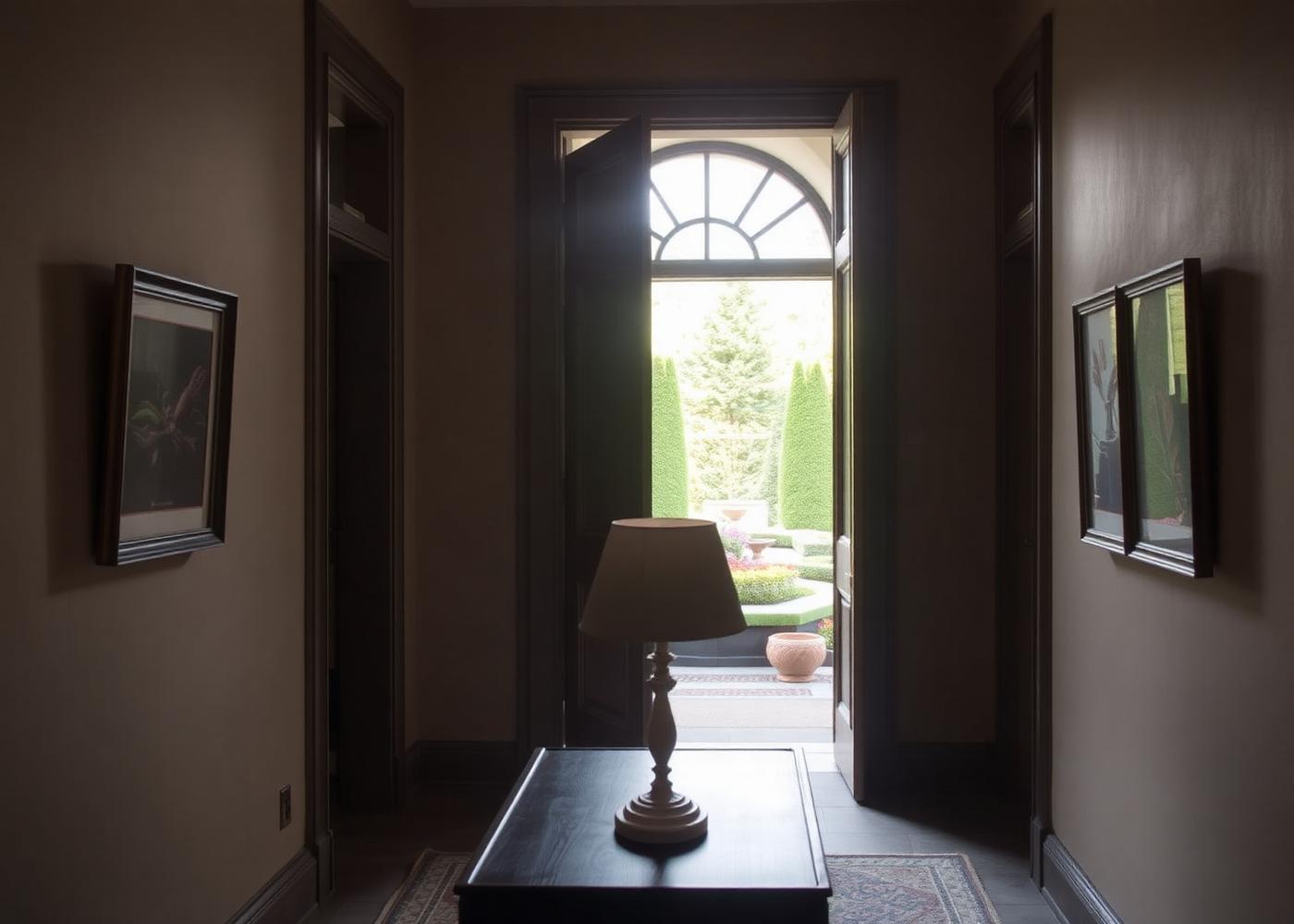 Sunlit hallway looking through to a garden